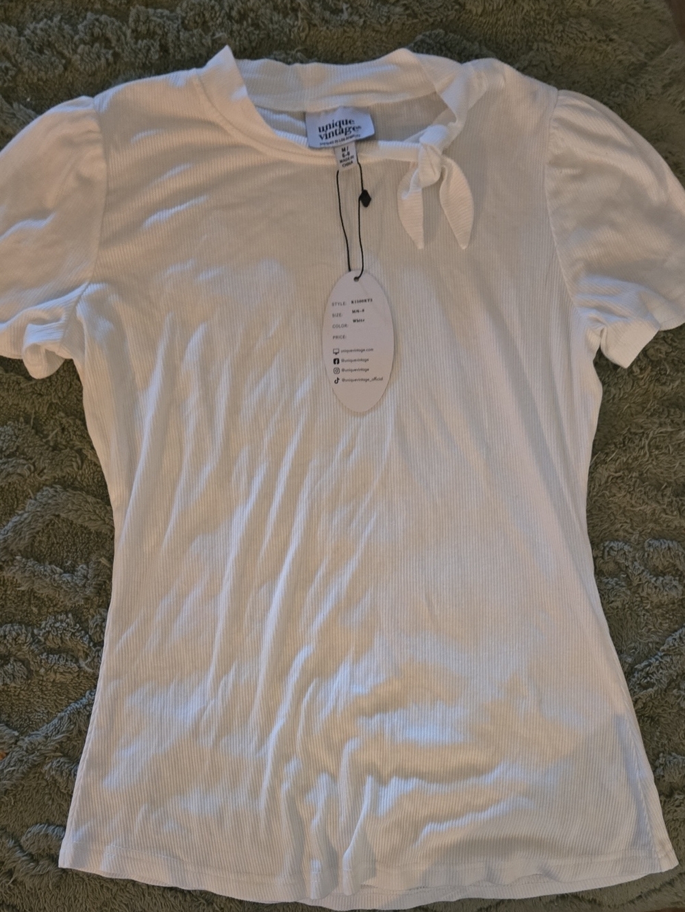 Unique Vintage Cream Ribbed Short Sleeve Tee with Neck Tie